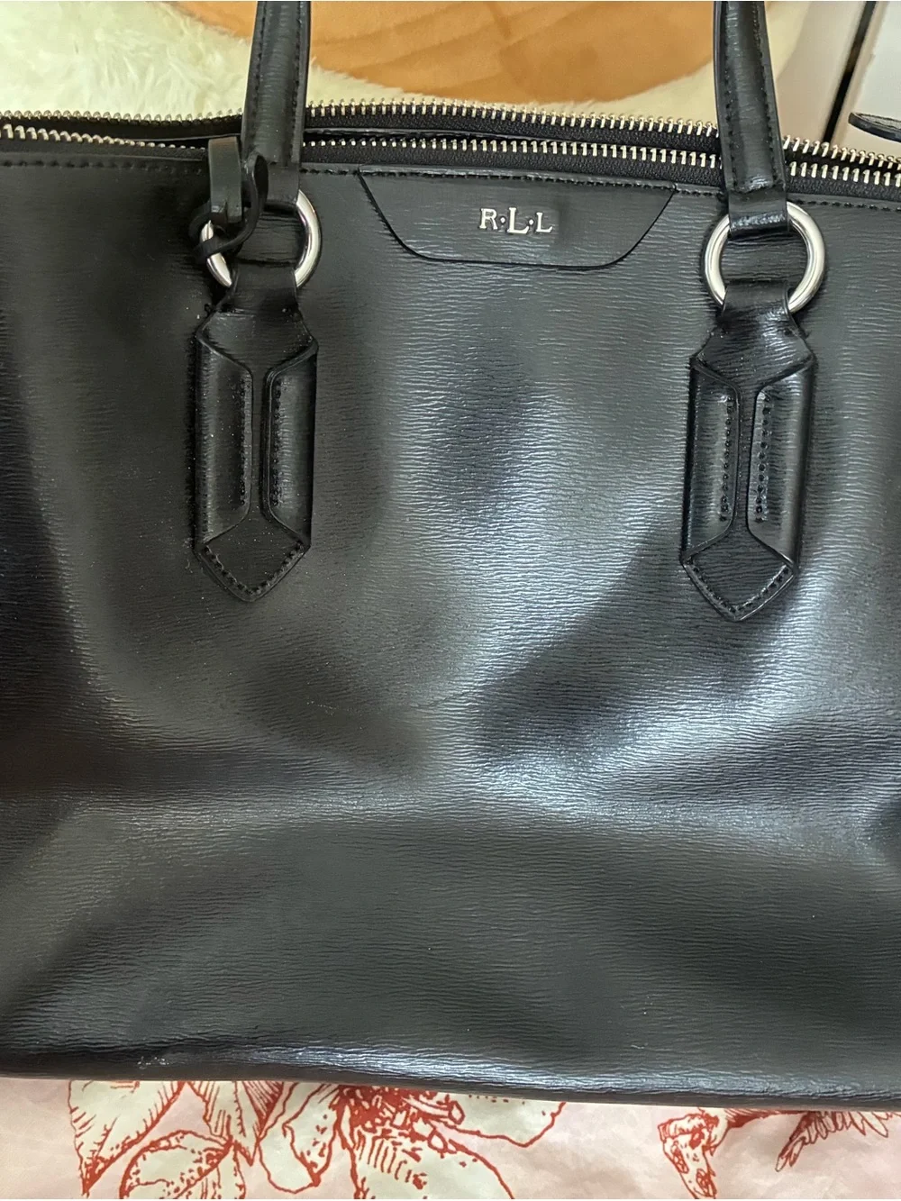 Lauren Ralph Lauren Black Leather Satchel with Silver Hardware